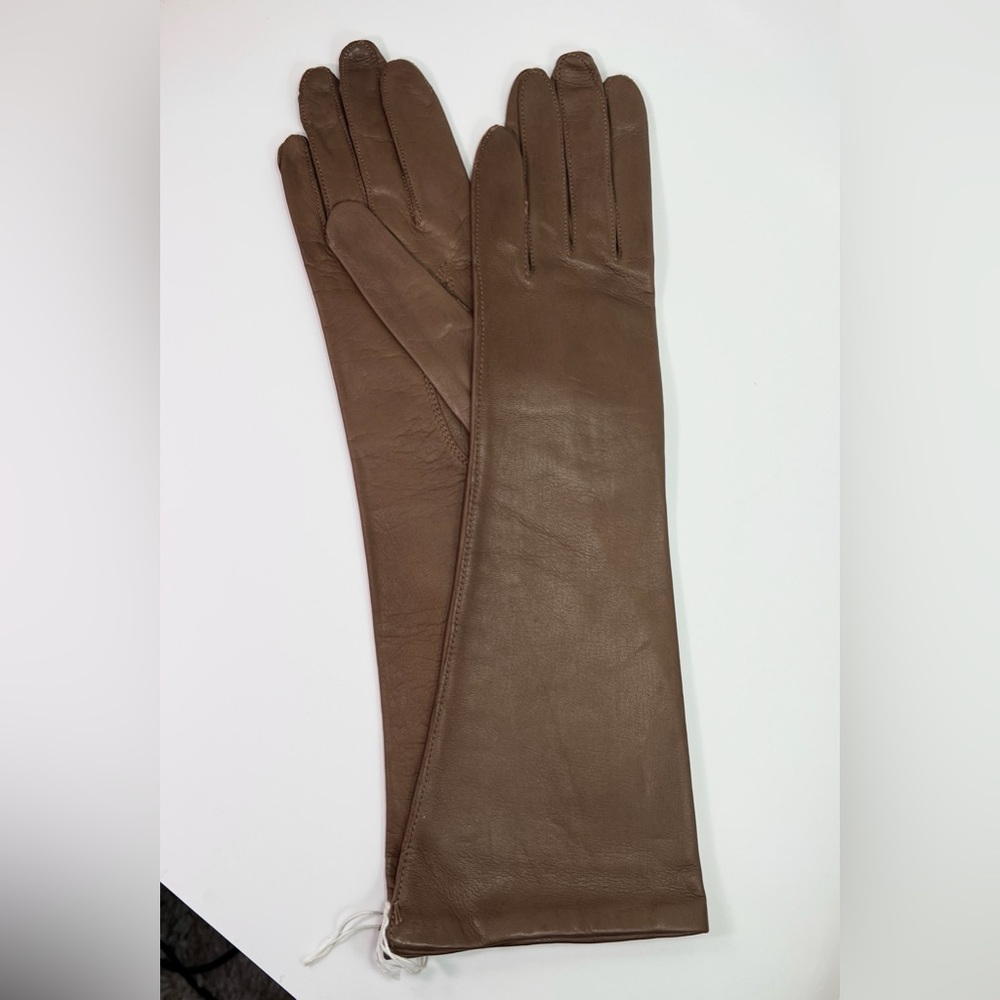 Fownes Vintage Leather Long Gloves Silk Lined Brown New Old Stock - Size 7